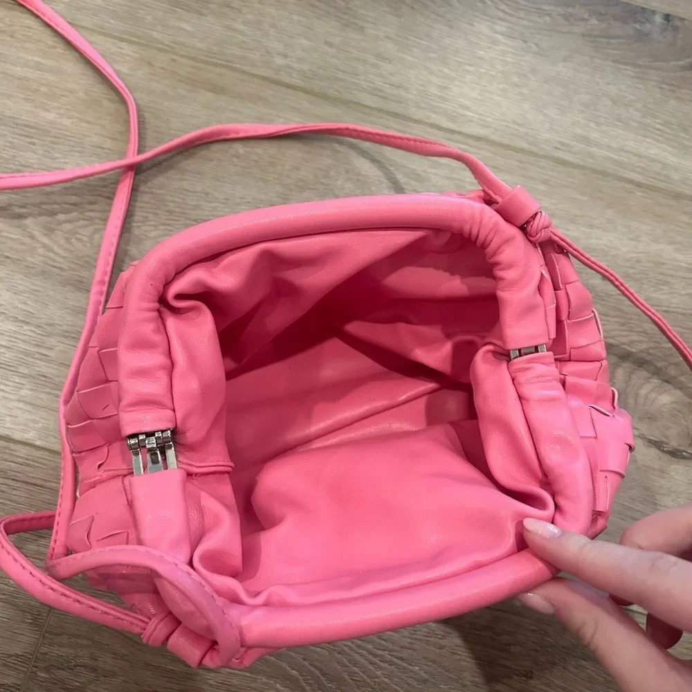 Pink Woven Faux Leather Shoulder Bag with Adjustable Strap